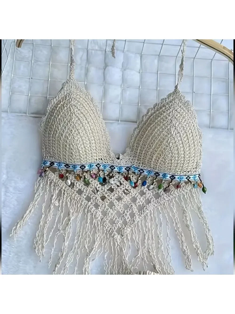 Crochet Halter Bra with Cropped Tassel Hem Summer Sleeveless Casual Top - Picture 4 of 8
